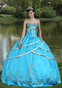 Mexicali Mexico Appliqued Frilly Aqua Blue Dresses for A Quince