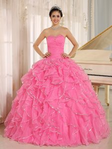 Frilly Ruffles Beading Organza Sweet Sixteen Dresses in Rose Pink