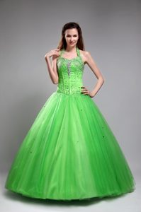 Spring Green Halter Floor Length Sweet Sixteen Dresses with Beading