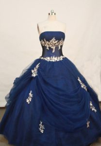 Navy Blue Strapless Appliques Tulle Lace Up Back Quinceanera Dress