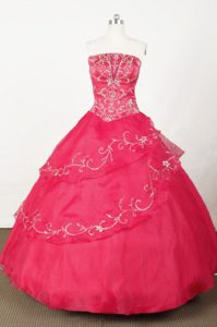Floor-length Embroidery Strapless Red Layers Dress For Quinceaneras