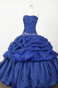 Discount Ruched Embroidery Pick Up Strapless Blue Quinceanera Dress