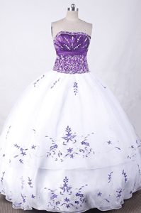 Purple and White Strapless Applique Layer Organza Quinceanera Gown