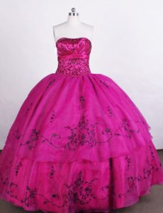 Embroidery Strapless Layers Hot Pink Lace Up Back Quinceanera Gown