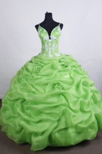 Straps Handmade Flowers Appliques Pick-ups Green Quinces Dresses