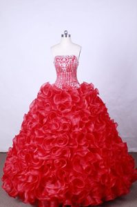 Ruffles Strapless Beading Appliques Hot Pink Quinceanera Dresses