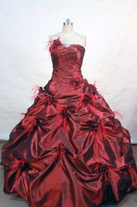 Wine Red strapless Pick Ups Hand Made Flowers Quinceanera Dress