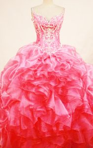 Beading Straps Ruffled Organza watermelon Quinceanera Gowns