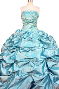 Affordable Pick-ups and Beading Strapless Blue Quinceanera Dresses