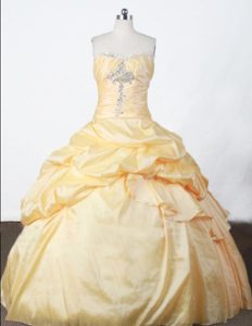 Beading and Pick-ups Strapless Appliques Quincianera Dresses in Yellow