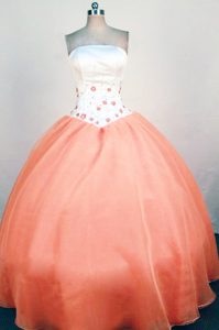 Strapless Orange and White Organza Beading and Appliques Dresses For 15