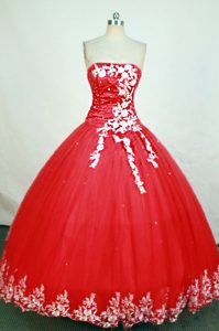 2013 Ruching Strapless Red Quinceanera Gown Dresses with Appliques