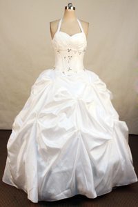 Halter Ruching Pick-ups Quinceanera Gowns with Beading and Appliques
