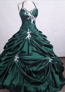 Halter Taffeta Quinceanera Dresses with Pick-ups and Beading in Dark Green