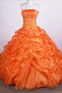 Orange Strapless Floor-length Sweet 16 Dresses with Beading and Pick-ups