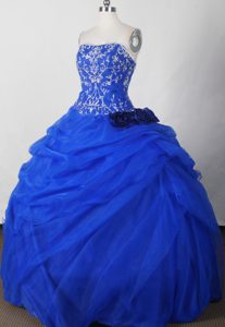Hand Made Flowers Strapless Beading Floor-length Quinceanera Dress in Blue