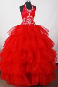 Beading Halter Ruching Red Quinceanera Dress with Ruffled Layers