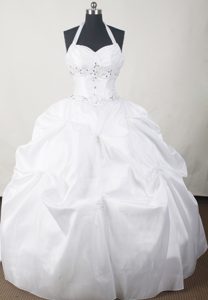Halter Ruching White Beading and Pick-ups Dresses For Quinceaneras