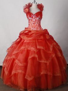 Halter Floor-length Beading Orange Red Ruffled Layers Quince Dresses