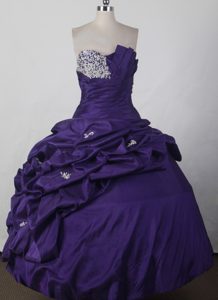 Strapless Taffeta Beading Pick-ups Quinceanera Dress in Dark Purple