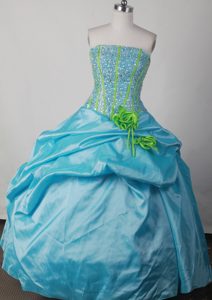 Beading Strapless Taffeta Quinceanera Dress in Blue with Hand Made Flowers
