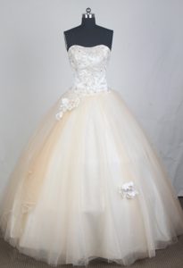 Champagne Beading Appliques and Flowers 2013 Quinceanera Dress