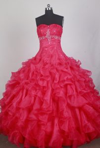 Red Ruching and Beading Dress for Quinceanera with Full Tucks