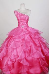 Asymmetrical One Shoulder Dresses of 15 in Hot Pink and Beading