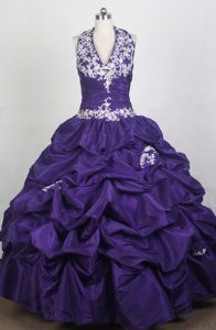 Halter White Appliques Ruched Quinceanera Dresses Gowns in Purple