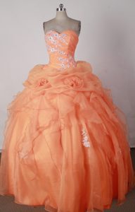 Orange Red Quincenera Dresses Embellished with Hand Flowers