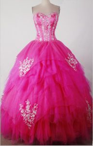 Boning Detail and White Appliques Dress for Quinceanera in Hot Pink
