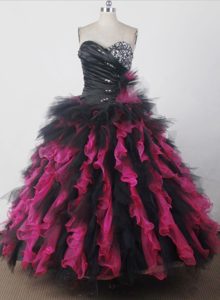 Hot Pink and Black Beading Quinceanera Dress with Ruching Bodice