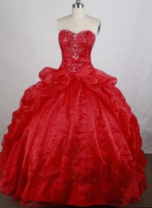 Red Sweep Train and Beading Sweet Sixteen Dresses with Slit Ruffles