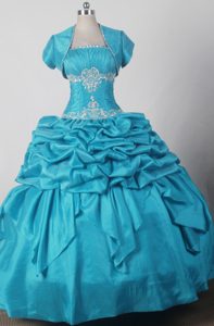 Turquoise Quniceanera Dress with Jacket and Beaded Appliques