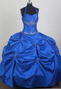 Royal Blue Beaded Appliques and Halter Quince Dress with Pick-ups
