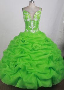 Lime Green Spaghetti Straps and Flowers Sweet 16 Dress in Rosario