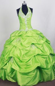 Halter Beaded 2014 Spring Green Quinceanera Dress with Pick-ups