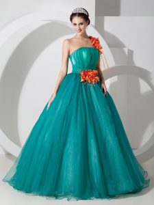 Popular Teal A-line Organza Sweet Sixteen Dresses with Flowers