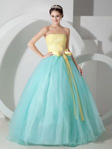 Aqua Blue and Yellow Sweet Sixteen Dresses with Beaded Ribbons