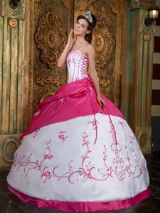 Hot Pink and White Quinceanera Dress with Lace-up and Embroidery