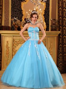 Leon Mexico Appliqued Sweetheart Quinceanera Gown Dress in Aqua Blue