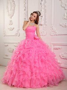 Beading and Puffy Ruffles Accent Quinceanera Gown Dress in Rose Pink