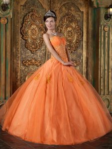 Puebla Mexico Orange Sweetheart Quinceanera Dresses with Appliques