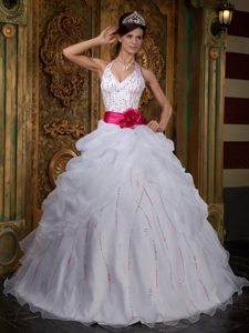 White Halter Beaded Sweet 16 Dresses with Red Sash in Antrim