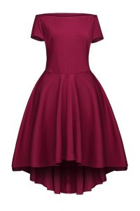 Burgundy Short Sleeves Ruching Tea Length Mother Of The Bride Dress