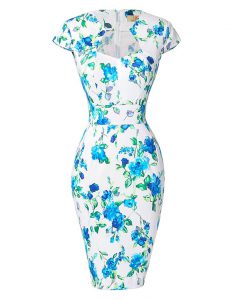 Fancy Cap Sleeves Knee Length Pattern and Belt Zipper Mother Of The Bride Dress with Blue And White