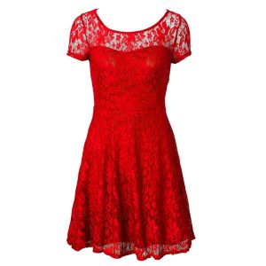 Scoop Red Short Sleeves Lace Tea Length Prom Dresses
