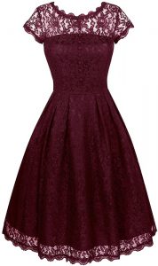 Scalloped Short Sleeves Organza Tea Length Zipper Prom Gown in Burgundy with Lace