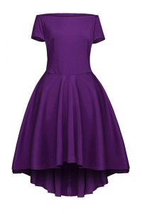 Captivating Purple Bateau Side Zipper Ruching Prom Party Dress Short Sleeves