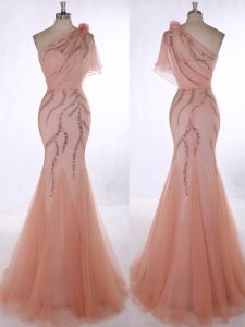 Custom Made One Shoulder Sleeveless Brush Train Beading and Hand Made Flower Zipper Evening Dress